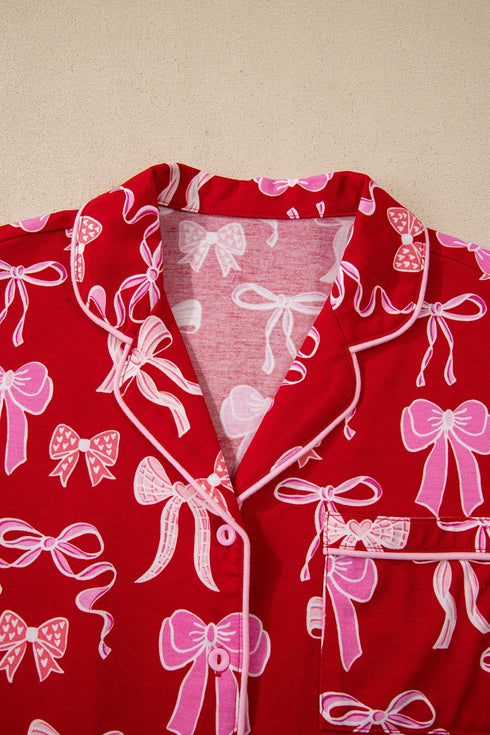 Bow Print Long Sleeve Button Down Pajama Set