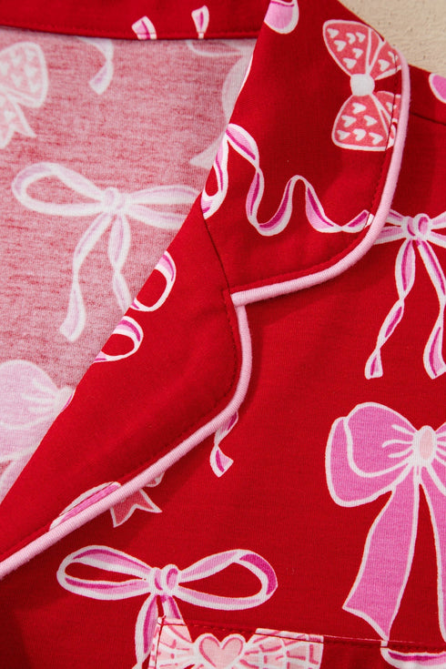 Bow Print Long Sleeve Button Down Pajama Set