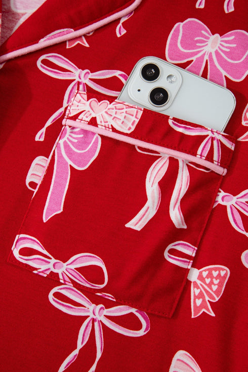Bow Print Long Sleeve Button Down Pajama Set