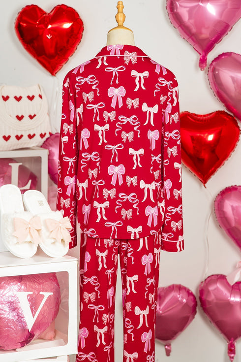 Bow Print Long Sleeve Button Down Pajama Set