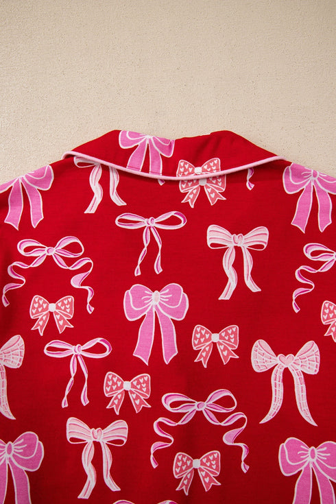 Bow Print Long Sleeve Button Down Pajama Set