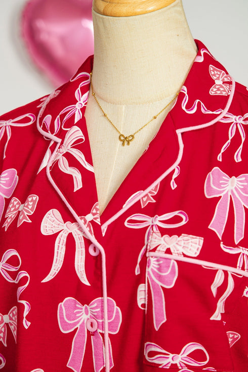 Bow Print Long Sleeve Button Down Pajama Set