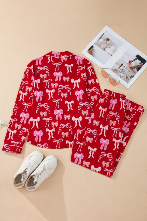 Bow Print Long Sleeve Button Down Pajama Set