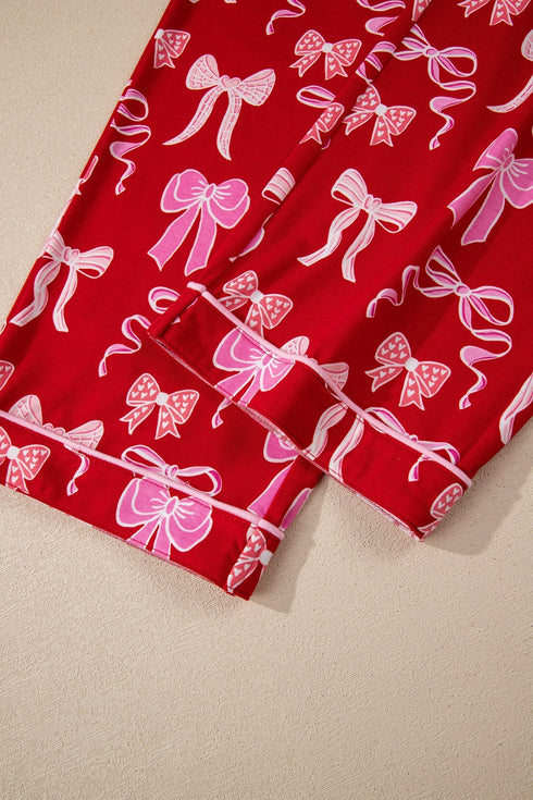 Bow Print Long Sleeve Button Down Pajama Set