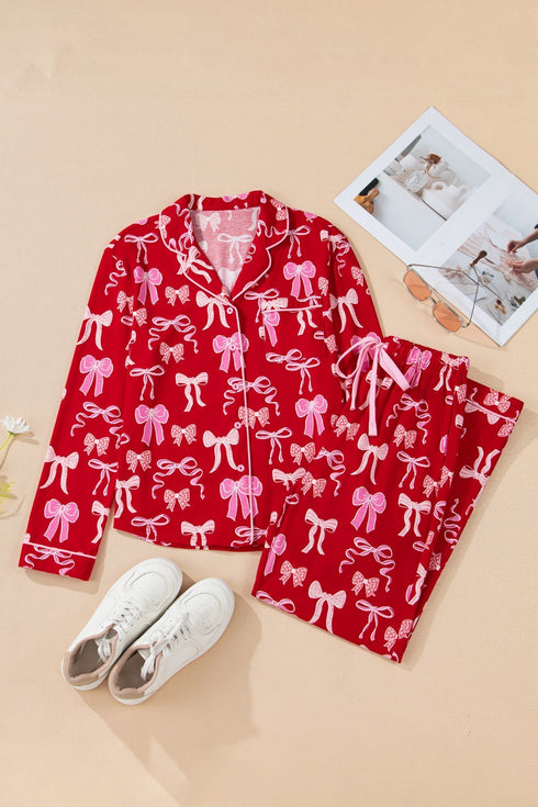 Bow Print Long Sleeve Button Down Pajama Set