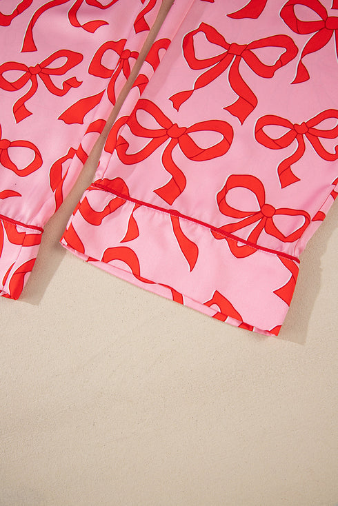 Bow Print Long Sleeve Wide Leg Sleepwear