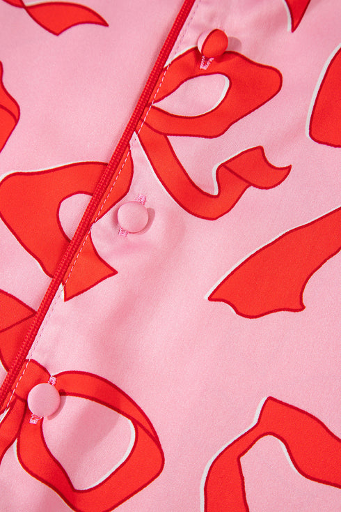 Bow Print Long Sleeve Wide Leg Sleepwear