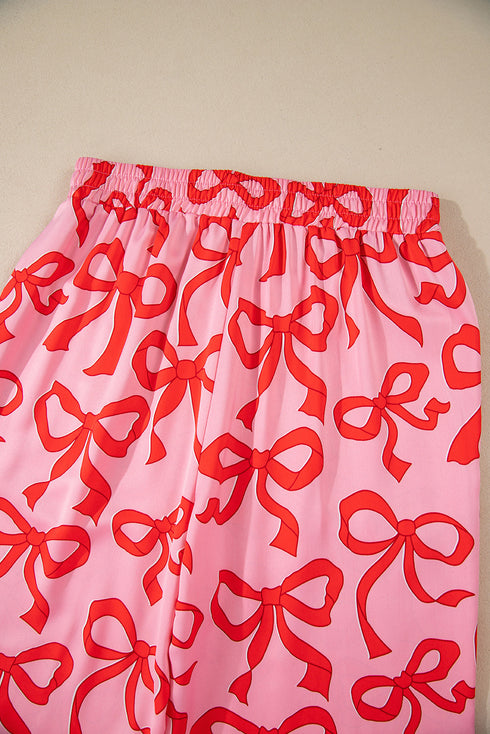 Bow Print Long Sleeve Wide Leg Sleepwear