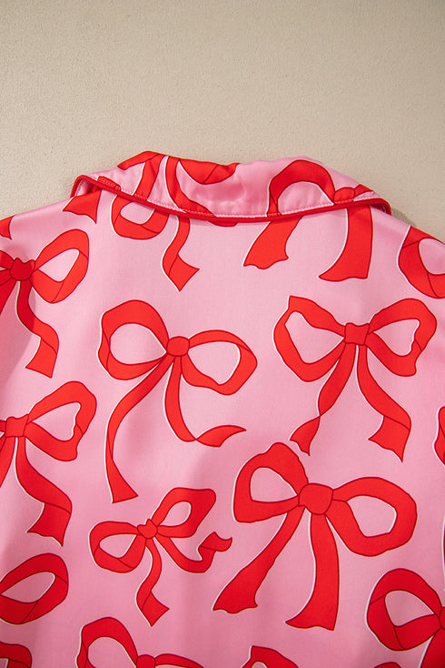Bow Print Long Sleeve Wide Leg Sleepwear