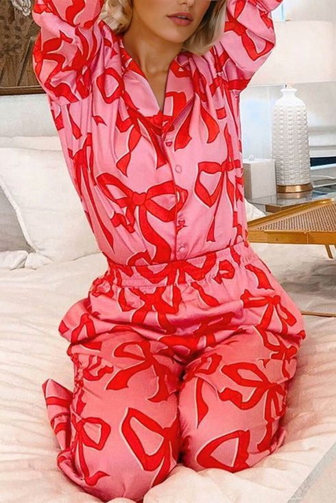 Bow Print Long Sleeve Wide Leg Sleepwear