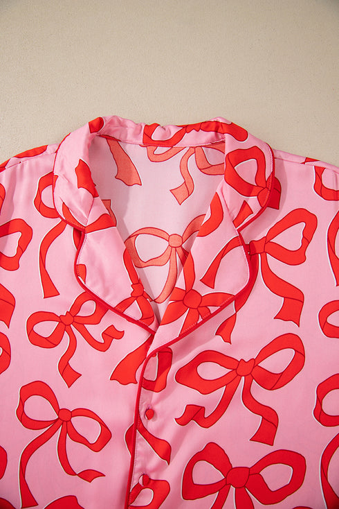 Bow Print Long Sleeve Wide Leg Sleepwear