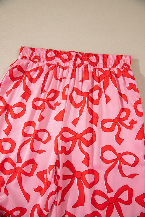 Bow Print Long Sleeve Wide Leg Sleepwear