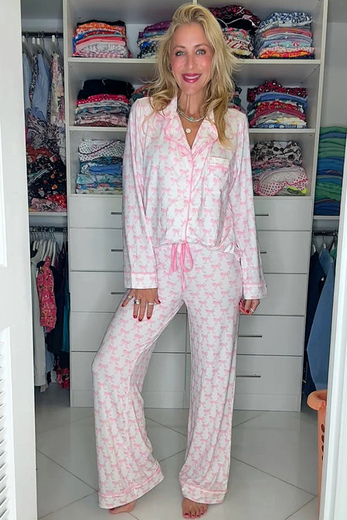 Bow Print Piped Long Sleeve Button Down Pajama Set