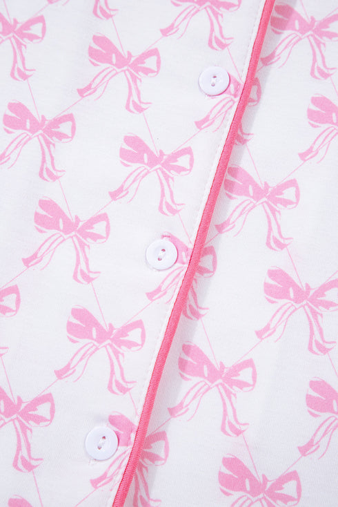 Bow Print Piped Long Sleeve Button Down Pajama Set