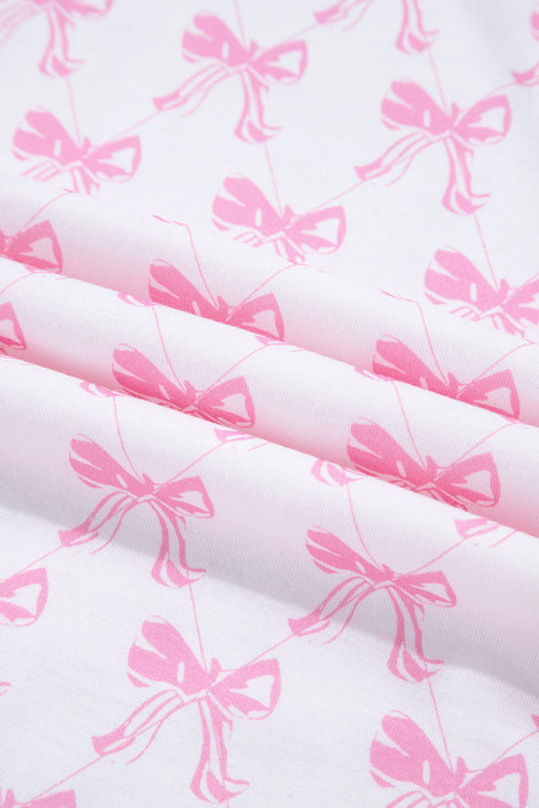 Bow Print Piped Long Sleeve Button Down Pajama Set