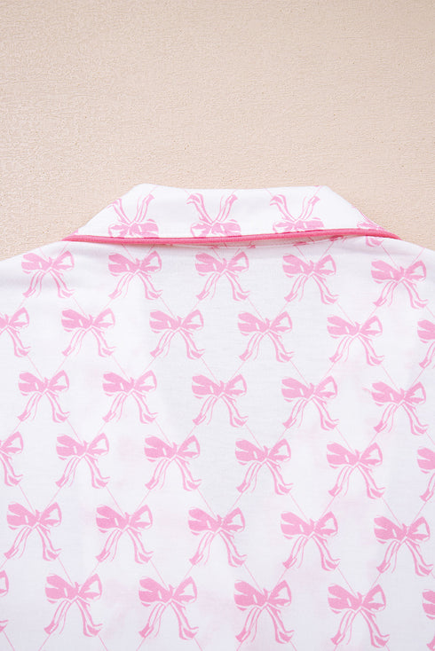 Bow Print Piped Long Sleeve Button Down Pajama Set