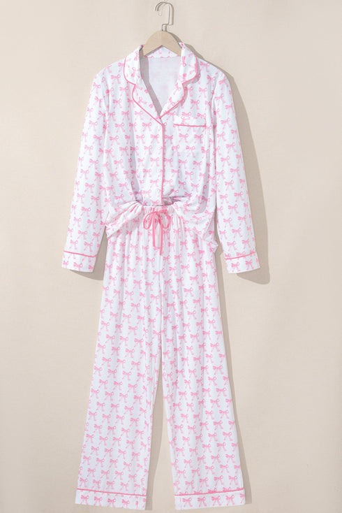 Bow Print Piped Long Sleeve Button Down Pajama Set
