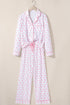 Bow Print Piped Long Sleeve Button Down Pajama Set