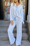 Bow Print Piped Long Sleeve Button Down Pajama Set