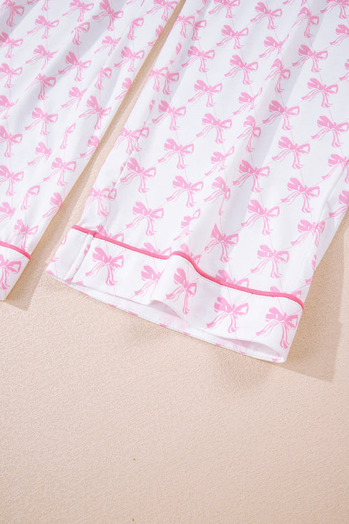 Bow Print Piped Long Sleeve Button Down Pajama Set