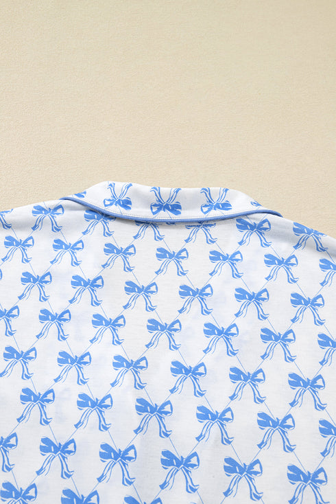 Bow Print Piped Long Sleeve Button Down Pajama Set