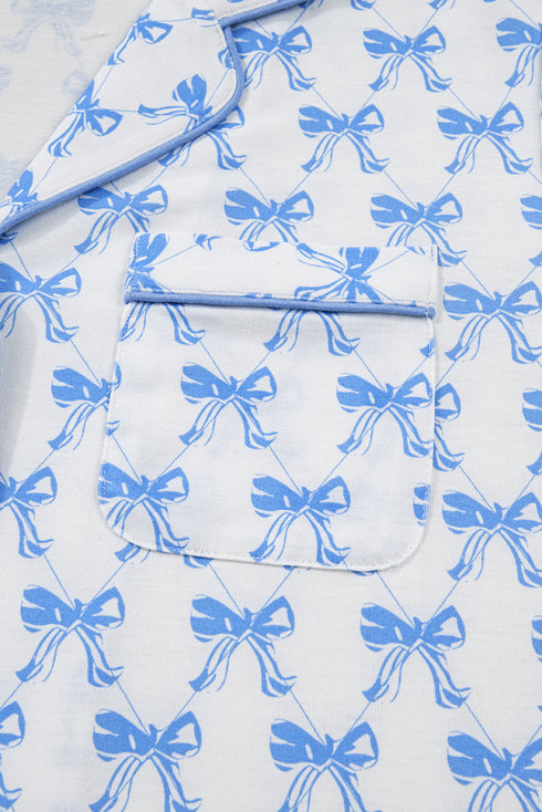 Bow Print Piped Long Sleeve Button Down Pajama Set