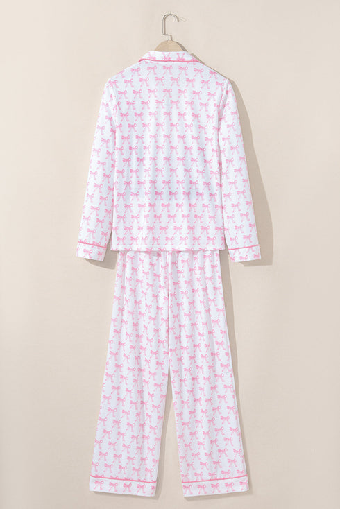 Bow Print Piped Long Sleeve Button Down Pajama Set