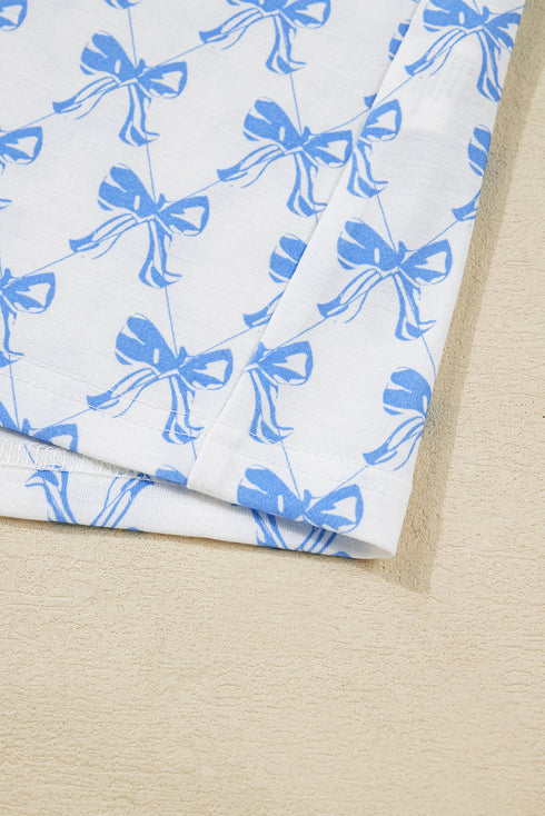 Bow Print Piped Long Sleeve Button Down Pajama Set