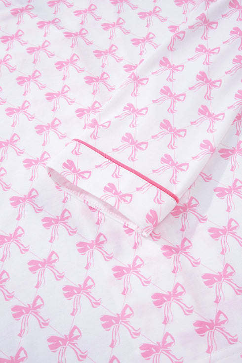 Bow Print Piped Long Sleeve Button Down Pajama Set