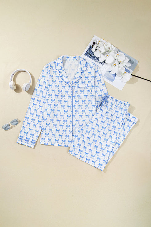 Bow Print Piped Long Sleeve Button Down Pajama Set