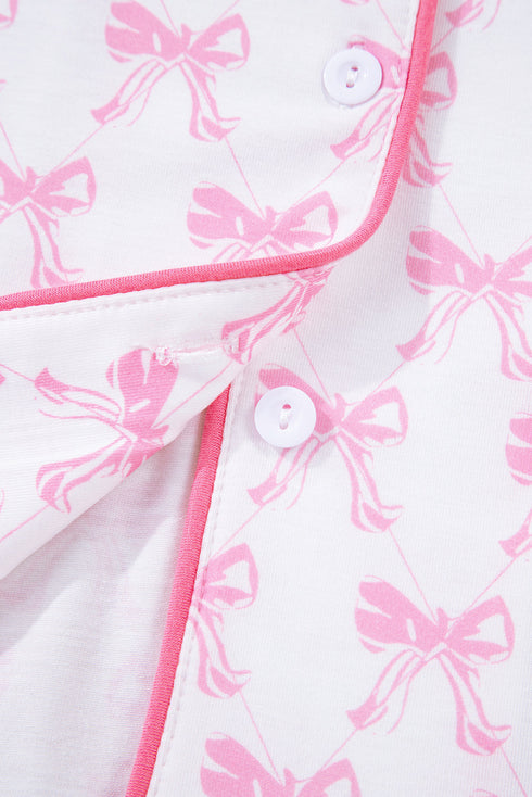 Bow Print Piped Long Sleeve Button Down Pajama Set