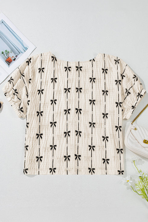 Bow Print Puff Short Sleeve Top