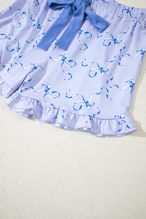 Bow Print Ruffled Cami And Shorts Lounge Set