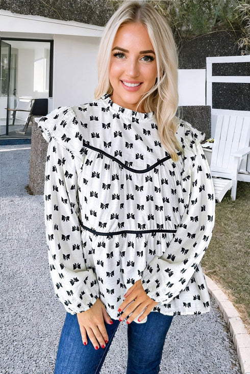 Bow Print Ruffled Crew Neck Piping Trim Blouse