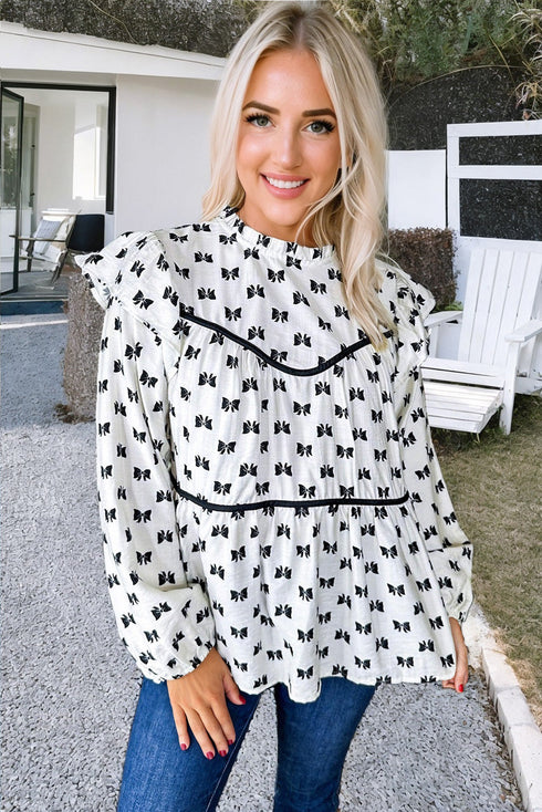 Bow Print Ruffled Crew Neck Piping Trim Blouse