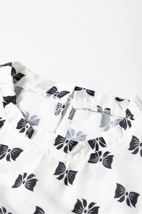 Bow Print Ruffled Crew Neck Piping Trim Blouse