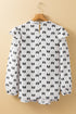 Bow Print Ruffled Crew Neck Piping Trim Blouse