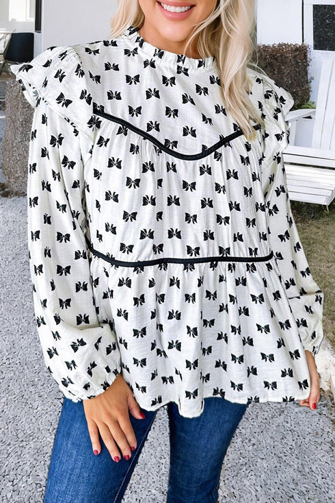 Bow Print Ruffled Crew Neck Piping Trim Blouse