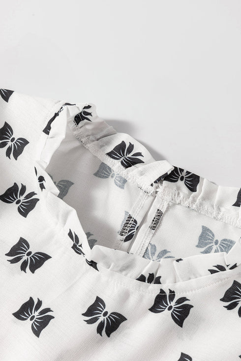 Bow Print Ruffled Crew Neck Piping Trim Blouse