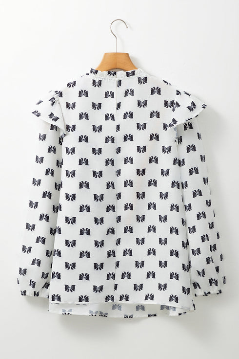 Bow Print Ruffled Crew Neck Piping Trim Blouse
