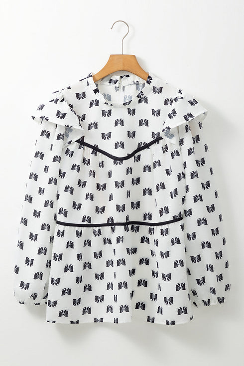 Bow Print Ruffled Crew Neck Piping Trim Blouse