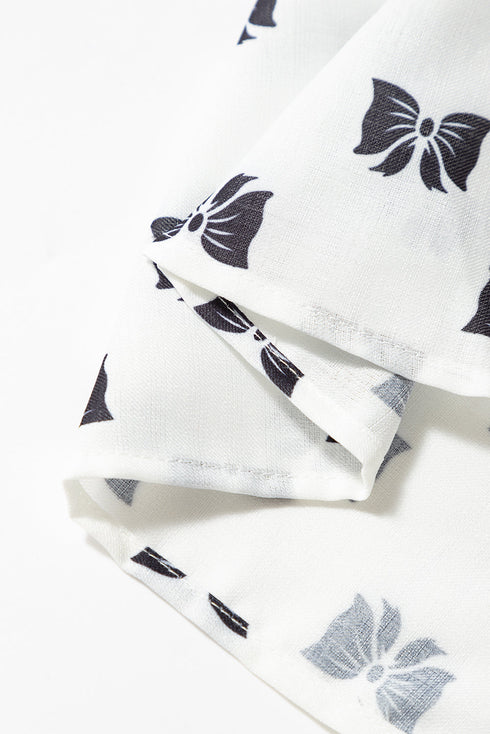 Bow Print Ruffled Crew Neck Piping Trim Blouse