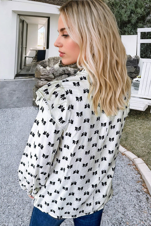 Bow Print Ruffled Crew Neck Piping Trim Blouse