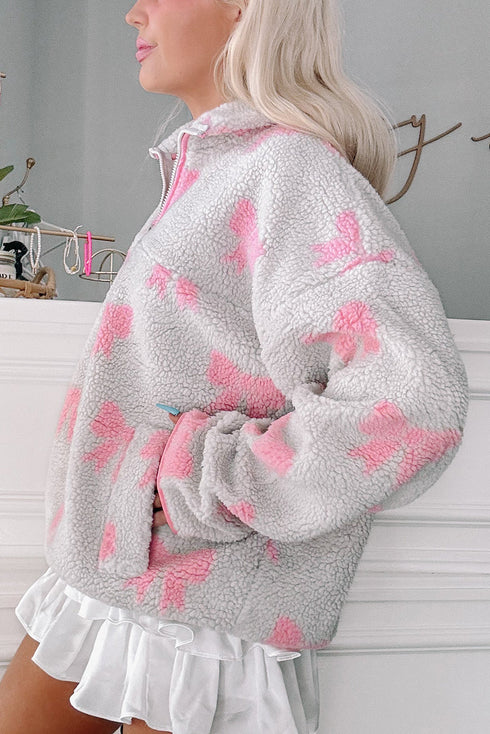 Bow Print Sherpa Quarter Zip Drop Shoulder Oversized Pullover Sweatshirt