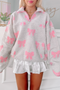 Bow Print Sherpa Quarter Zip Drop Shoulder Oversized Pullover Sweatshirt