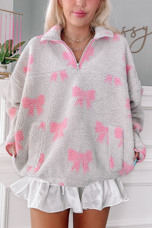 Bow Print Sherpa Quarter Zip Drop Shoulder Oversized Pullover Sweatshirt
