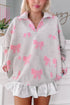 Bow Print Sherpa Quarter Zip Drop Shoulder Oversized Pullover Sweatshirt