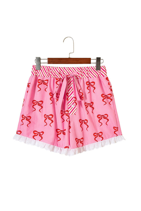 Bow Print Striped Patchwork Lace Trim Casual Shorts