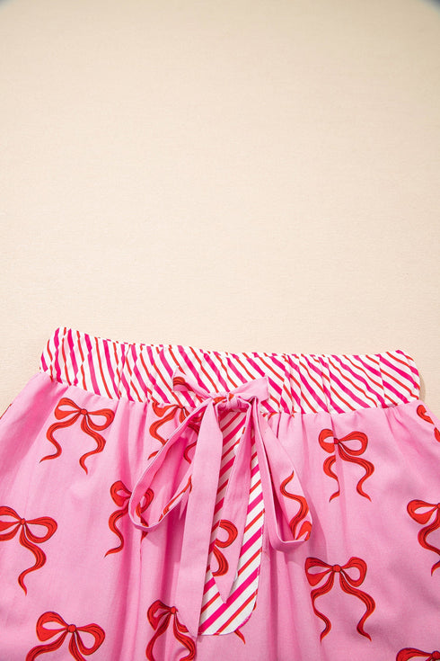 Bow Print Striped Patchwork Lace Trim Casual Shorts