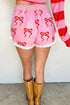Bow Print Striped Patchwork Lace Trim Casual Shorts